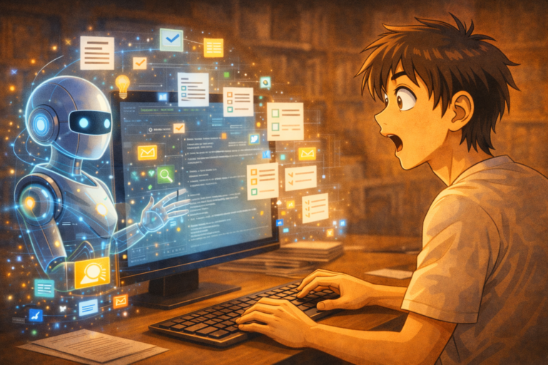 Ragazzo sorpreso davanti alle potenzialit&agrave; dell'AI che lo aiuta con documenti e attivit&agrave; digitali