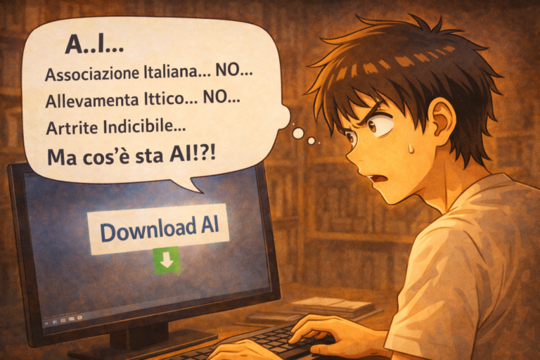 Ragazzo confuso davanti al computer che cerca di capire cos'&egrave; l'intelligenza artificiale