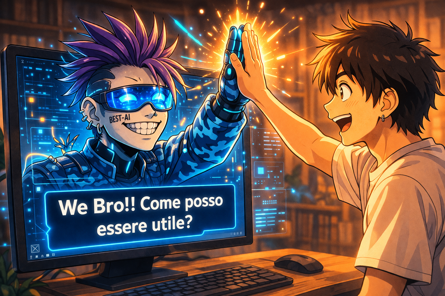 Ragazzo e intelligenza artificiale che festeggiano insieme i risultati ottenuti
