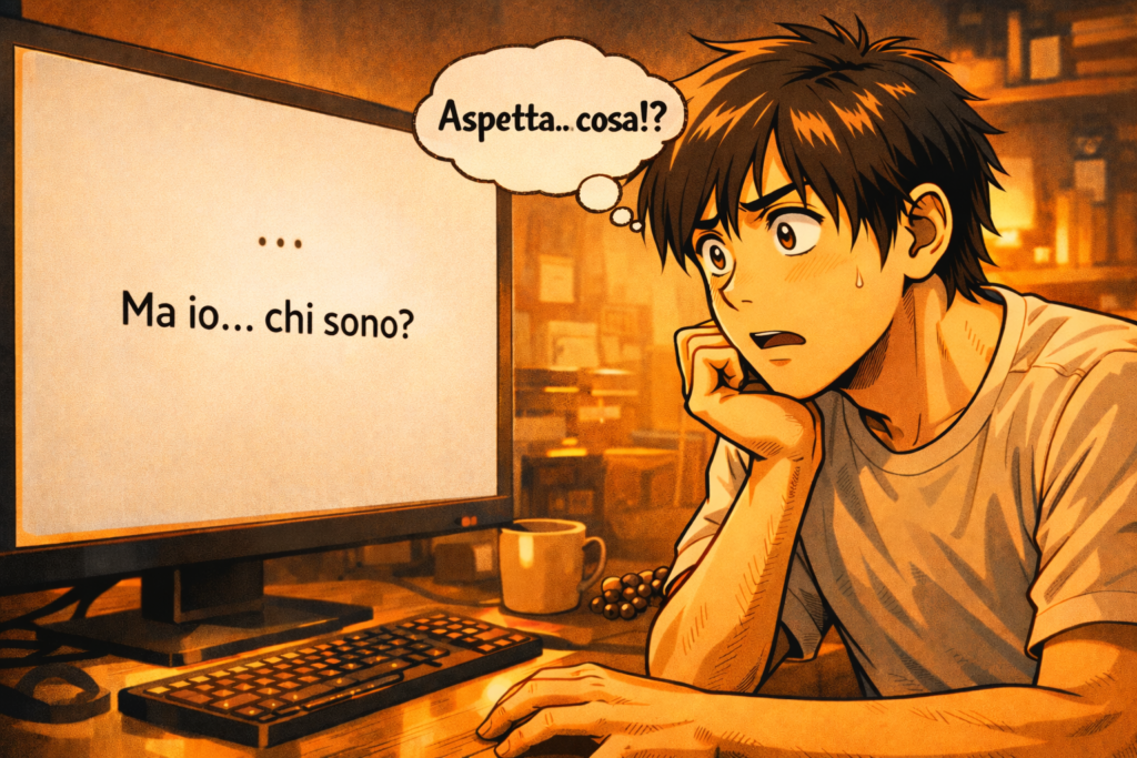 Ragazzo confuso davanti allo schermo con ChatGPT che risponde "Ma io&hellip; chi sono?"