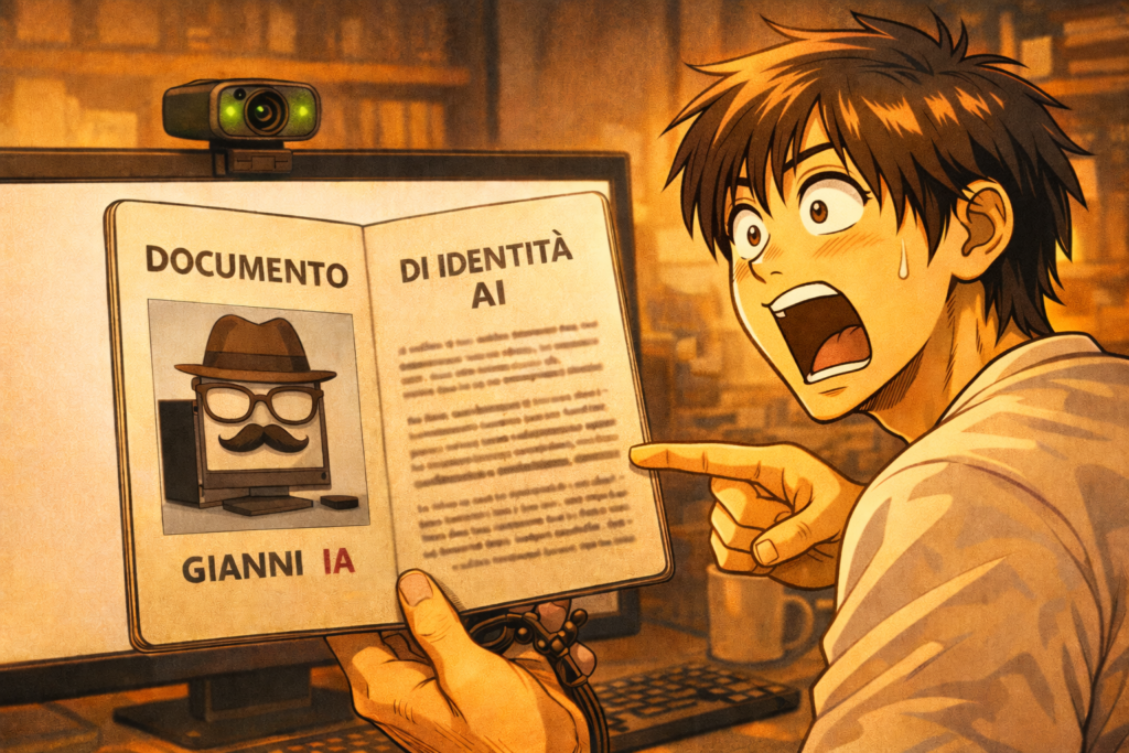 Ragazzo sorpreso che mostra un documento di identit&agrave; AI allo schermo del computer