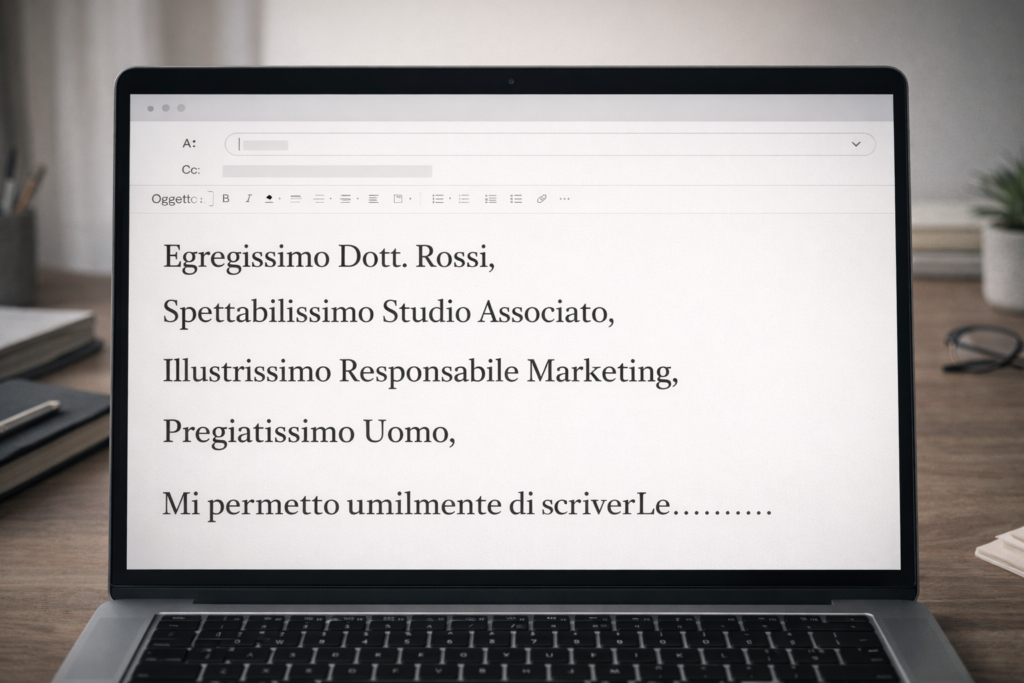 Esempio di email professionale troppo formale con saluti come egregissimo e spettabilissimo su schermo laptop