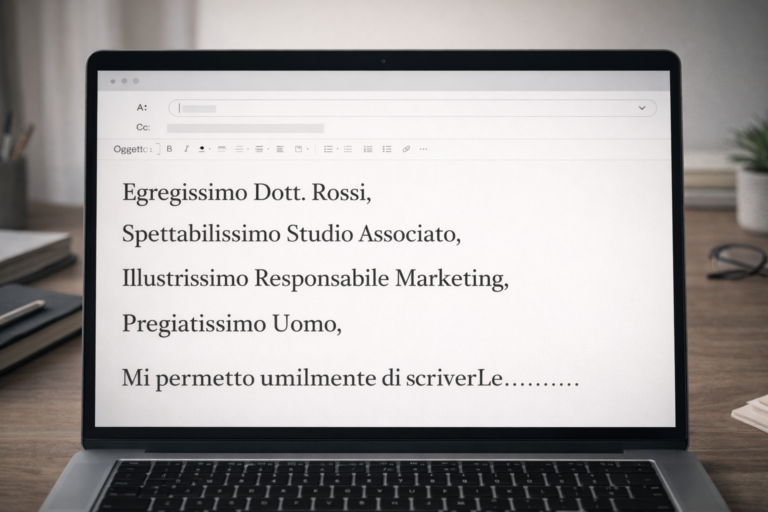 Esempio di email professionale troppo formale con saluti come egregissimo e spettabilissimo su schermo laptop