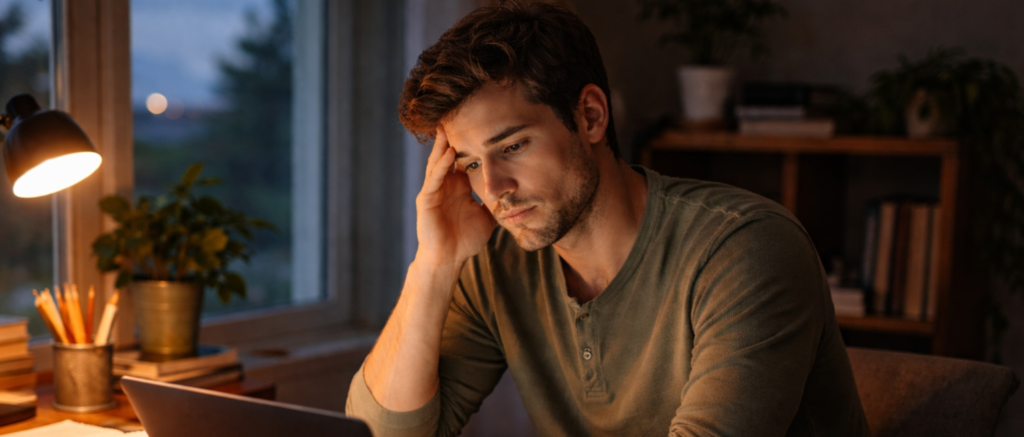 Persona seduta alla scrivania davanti al computer, bloccata su come iniziare a usare l&rsquo;intelligenza artificiale