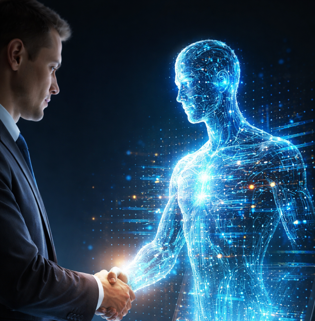 Persona che dialoga con un&rsquo;intelligenza artificiale attraverso un computer