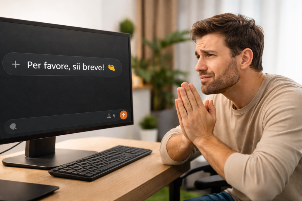 utente che chiede risposte brevi a chatgpt