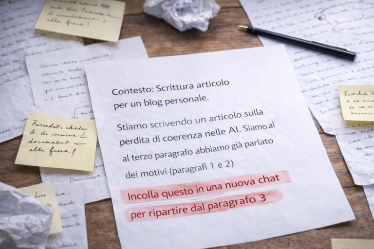 Foglio con riassunto del contesto per continuare una conversazione con l&rsquo;intelligenza artificiale