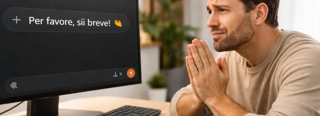 utente che chiede risposte brevi a chatgpt