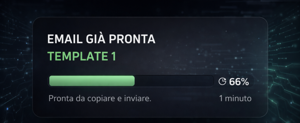 Interfaccia AI che mostra un template email professionale gi&agrave; pronto con barra di caricamento al 66%