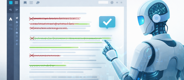 Illustrazione di un'intelligenza artificiale che corregge e migliora un testo in un editor digitale