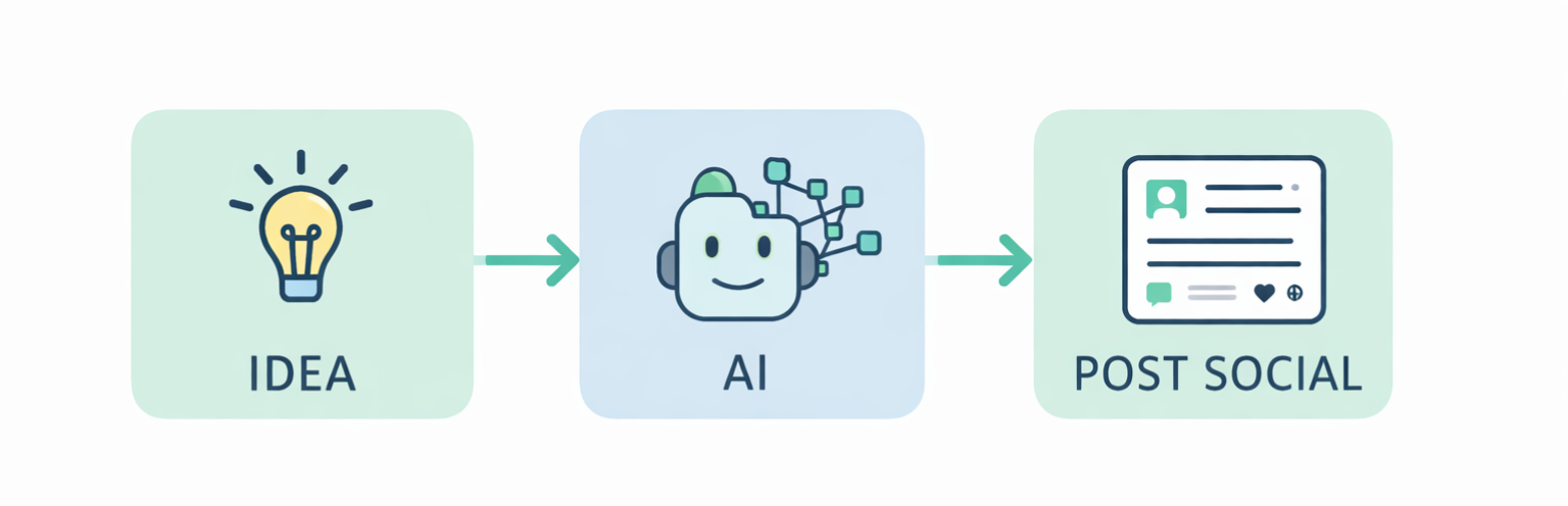 Diagramma che mostra il processo di creazione di un contenuto social con l'intelligenza artificiale: idea, AI e post social