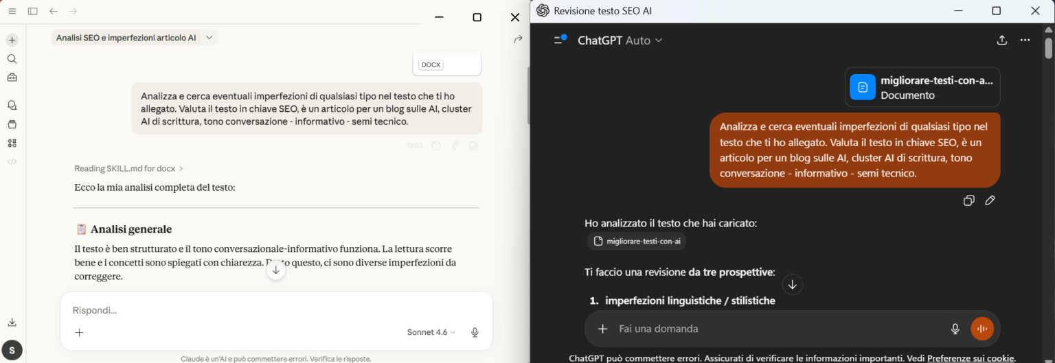 Schermata di revisione e analisi di un testo con intelligenza artificiale per migliorare qualit&agrave; e SEO