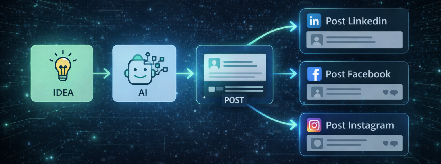 Diagramma che mostra come un'idea diventa un contenuto social con l'AI e viene adattata per LinkedIn, Facebook e Instagram