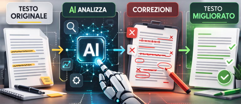 Workflow che mostra come l'AI analizza un testo, applica correzioni e genera una versione migliorata