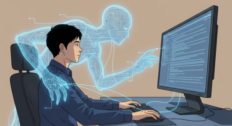 Persona che scrive al computer assistita da un'intelligenza artificiale digitale