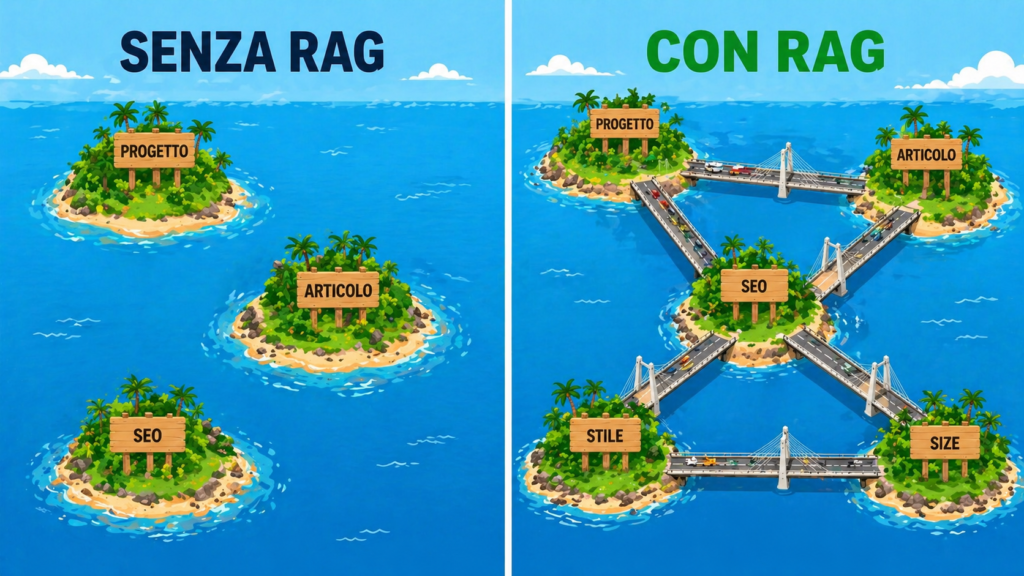 Illustrazione confronto senza RAG e con RAG: isole isolate vs isole collegate da ponti
