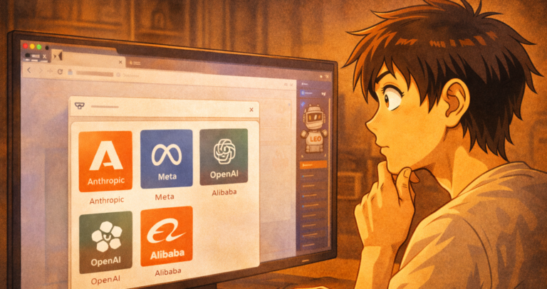 Ragazzo manga osserva diversi modelli AI disponibili nel browser Brave tramite Leo e valuta quale scegliere