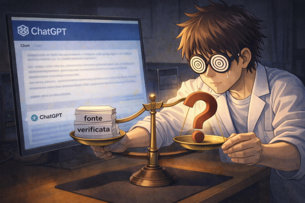 Personaggio anime con occhi a spirale bilancia una fonte verificata contro un punto interrogativo davanti a uno schermo ChatGPT