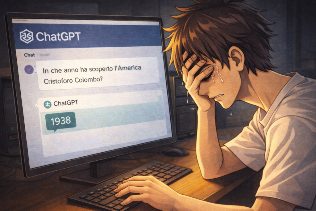 Personaggio anime incredulo davanti allo schermo con ChatGPT che risponde 1938 alla domanda su Cristoforo Colombo