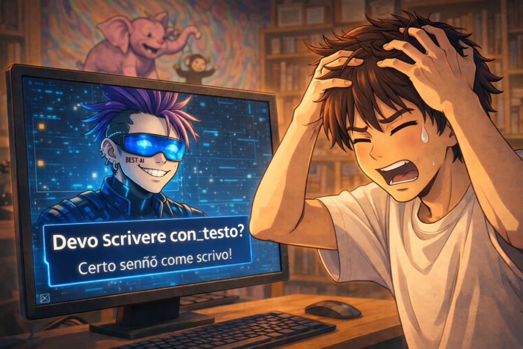 Ren disperato davanti al computer mentre l'AI sullo schermo chiede come gestire il contesto nelle chat lunghe