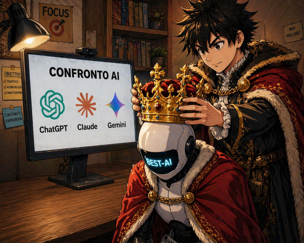 Ren in abiti regali incorona un robot con la scritta BEST-AI davanti a uno schermo con i loghi di ChatGPT, Claude e Gemini