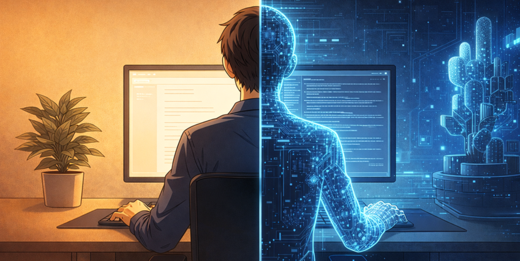 Illustrazione che mostra l'integrazione tra scrittura umana e intelligenza artificiale al computer