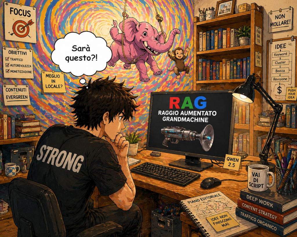 Illustrazione anime di un utente perplesso davanti a uno schermo con scritto RAG Raggio Aumentato Grandmachine