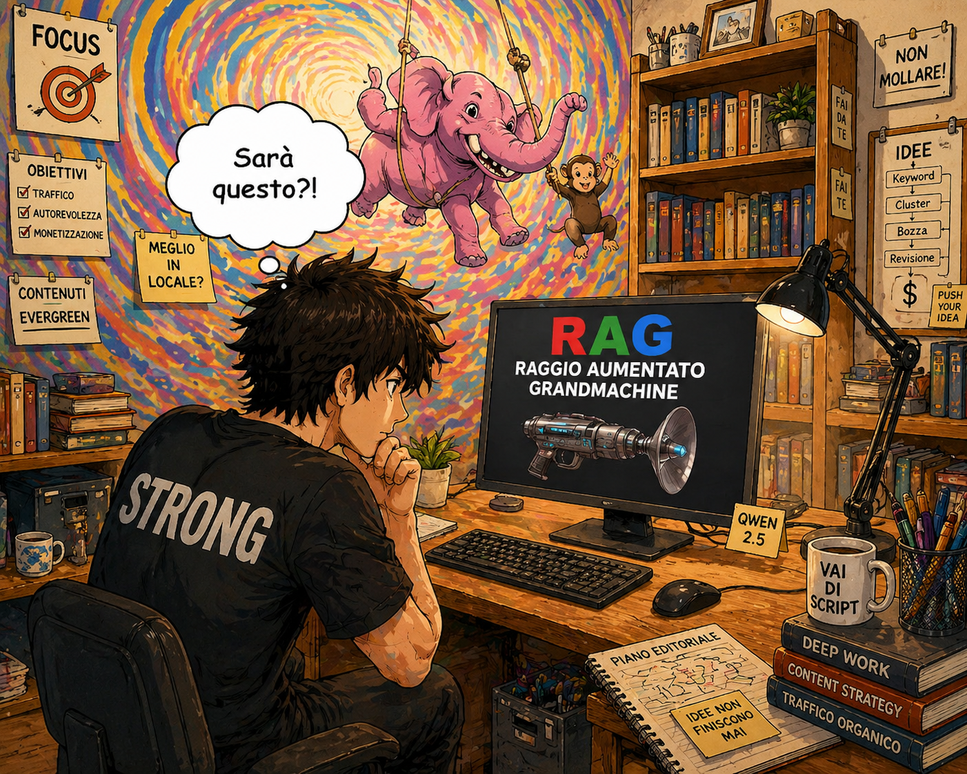 Illustrazione anime di un utente perplesso davanti a uno schermo con scritto RAG Raggio Aumentato Grandmachine
