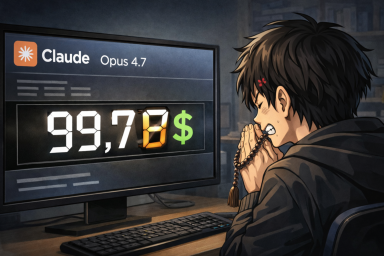 Illustrazione manga di Ren con il juzu che prega davanti al monitor mentre il costo di Claude Opus 4.7 sale come un tassametro