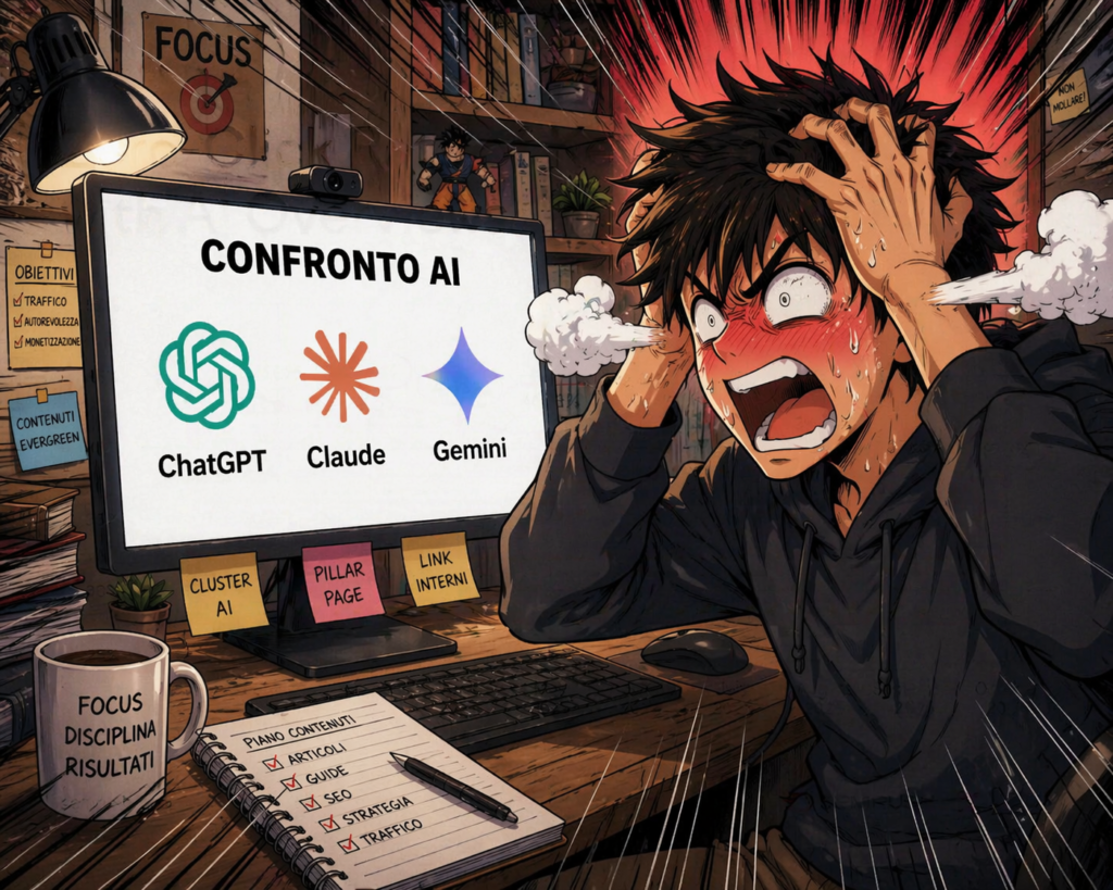 Ren confuso davanti a uno schermo con i loghi di ChatGPT, Claude e Gemini mentre sceglie la migliore AI per scrivere