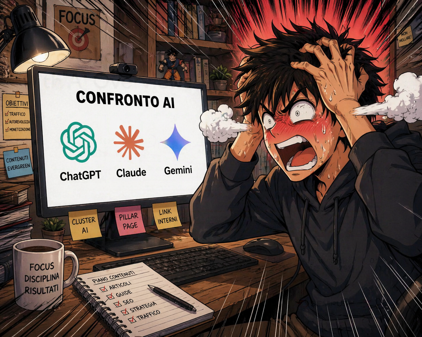 Ren confuso davanti a uno schermo con i loghi di ChatGPT, Claude e Gemini mentre sceglie la migliore AI per scrivere