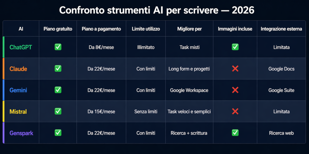 tabella confronto ChatGPT Claude Gemini Mistral Genspark prezzi limiti e funzionalit&agrave; 2026