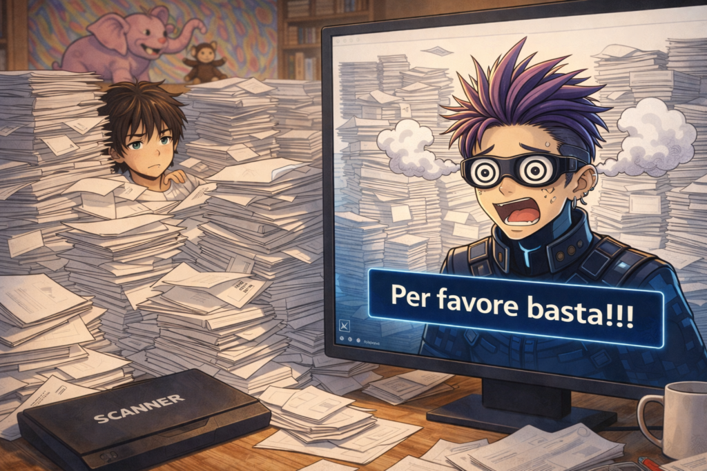 Ren sepolto da pile di fogli mentre l'AI sullo schermo urla per favore basta, illustrazione della context window di ChatGPT che si riempie
