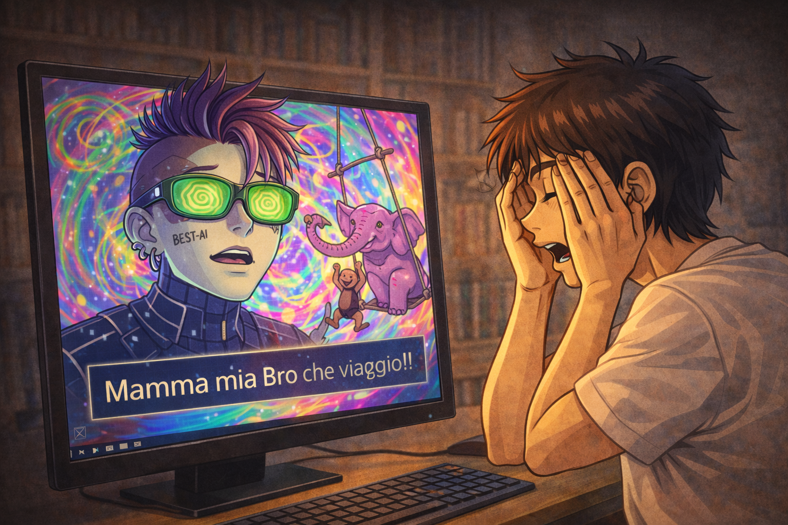 Ragazzo sorpreso davanti allo schermo mentre l'AI mostra contenuti assurdi e psichedelici — illustrazione allucinazione AI