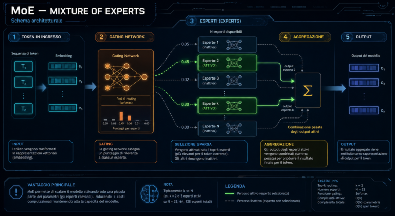 Schema architettura MoE Mixture of Experts: token input, gating network, esperti attivi e output