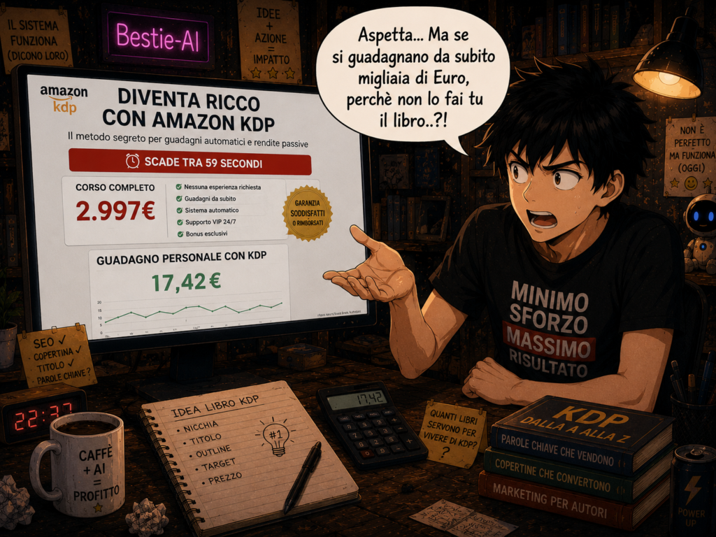 Personaggio che guarda uno schermo con pubblicit&agrave; di un corso Amazon KDP con l'AI per guadagnare online