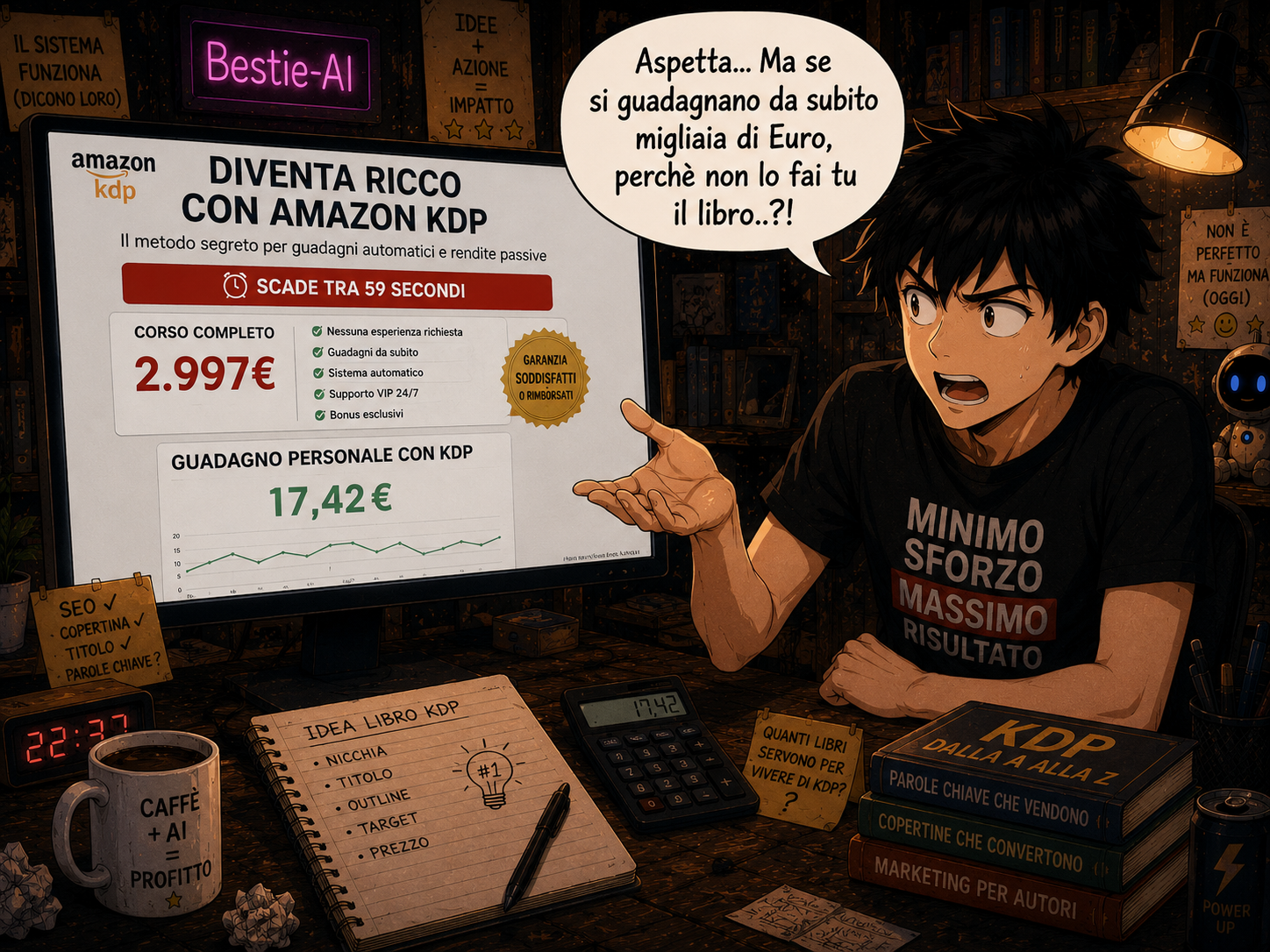 Personaggio che guarda uno schermo con pubblicità di un corso Amazon KDP con l'AI per guadagnare online