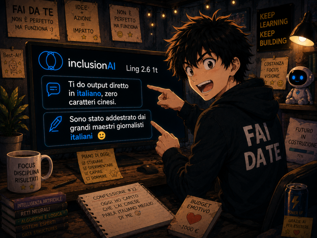 Ren indica Ling 2.6 su schermo mentre il suo quaderno rivela la confessione: l'AI cinese parla italiano meglio di lui
