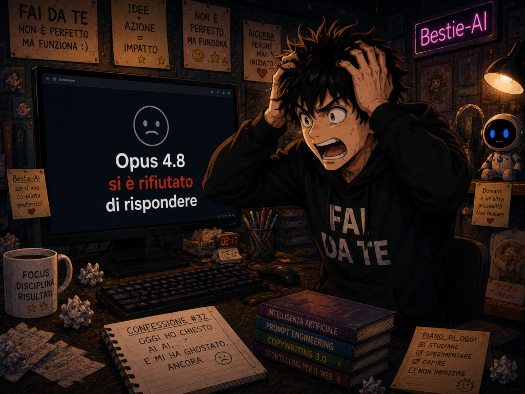 Ren disperato davanti allo schermo con il messaggio Opus 4.8 si &egrave; rifiutato di rispondere