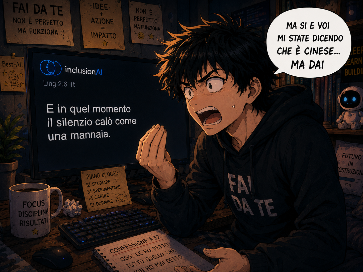 Ren reagisce incredulo davanti a InclusionAI Ling 2.6 1t nella sua stanza creativa mentre scopre un modello AI cinese capace di scrivere testi in italiano di qualità sorprendente.