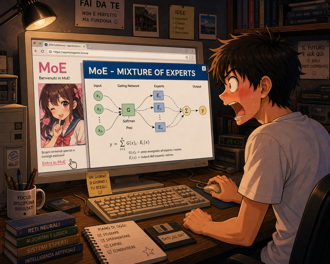 Mixture of Experts MoE architettura AI spiegata: schema con gating network ed esperti su monitor