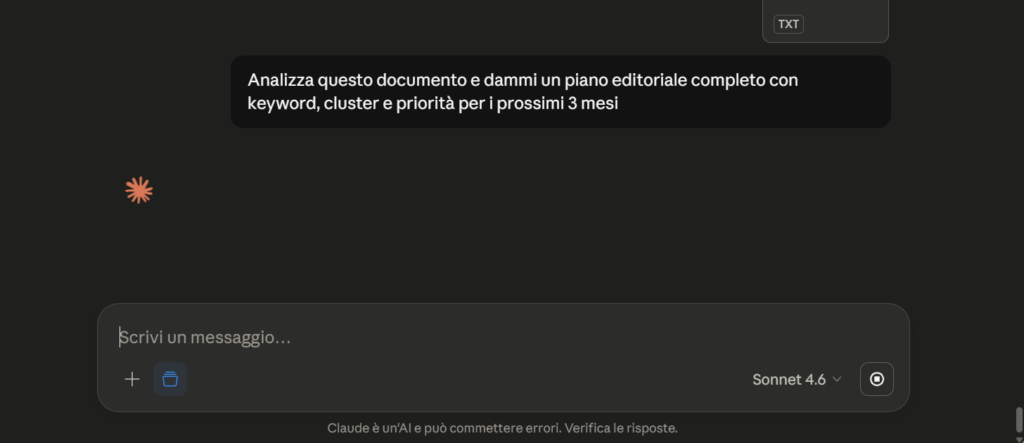 Schermata di Claude con la rotellina di caricamento e il campo di testo bloccato