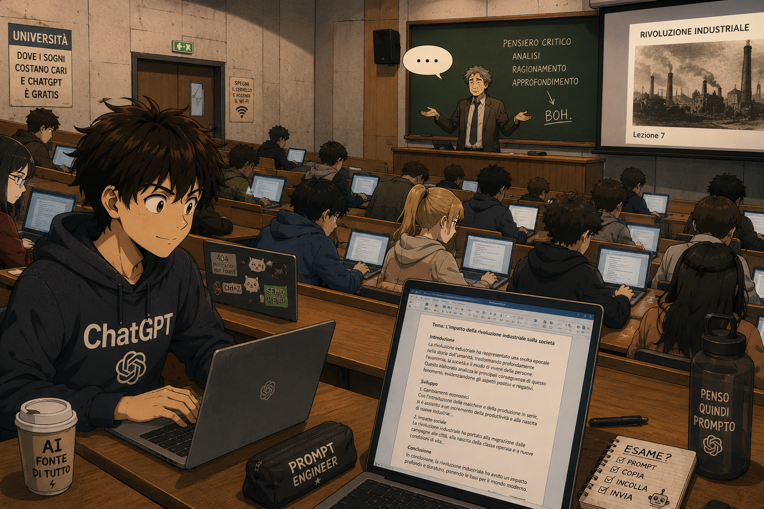 Studente universitario con hoodie ChatGPT in aula mentre il professore osserva la classe sui laptop